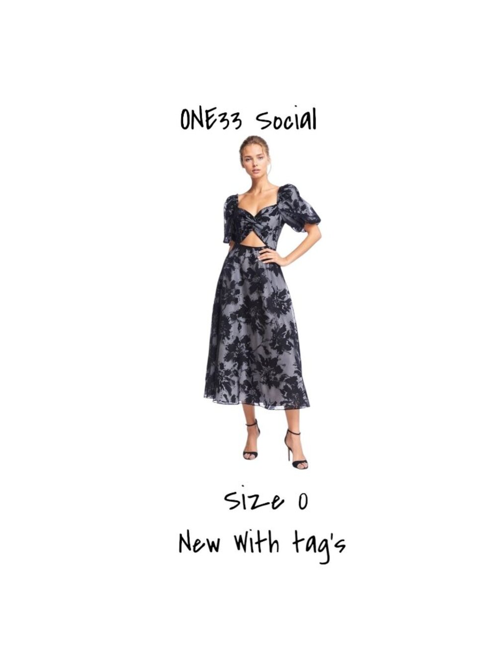 ONE33 Social Floral Gown Dress with Puff Sleeves, Black Grey Size 0 New With Tag